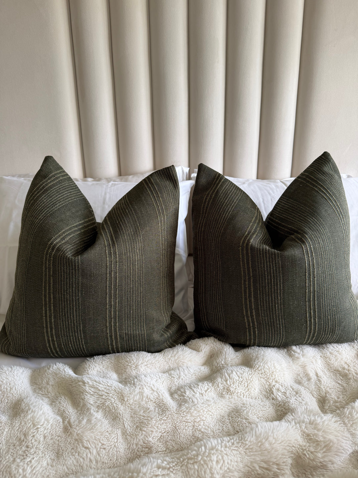 Set of 2 dark olive green striped cushion covers luxury thick fabric