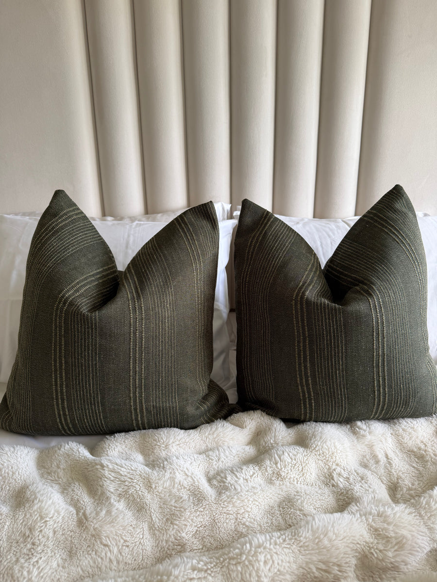 Set of 2 dark olive green striped cushion covers luxury thick fabric